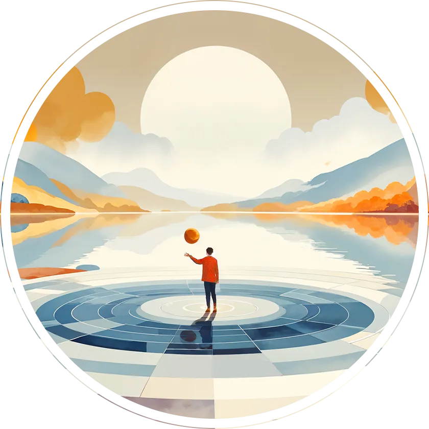 水平線の上に昇る朝日と海に立つ人物のイラスト。新しい物語の始まりを象徴