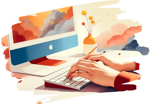 パソコンの前でキーボードを操作する手元のイラスト